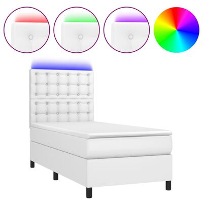 vidaXL Cama box spring c/ colchão/LED 90x200cm couro artificial branco