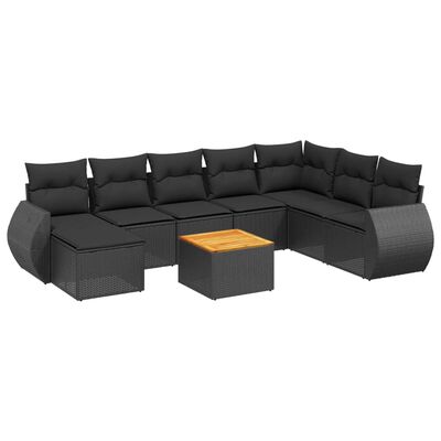 vidaXL 9 pcs conjunto de sofás p/ jardim c/ almofadões vime PE preto