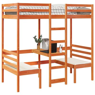 vidaXL Cama alta c/ secretária/cadeiras 75x190 cm pinho castanho-mel