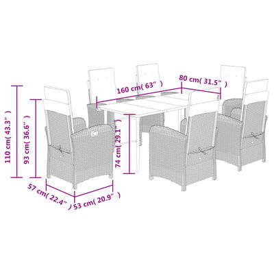 vidaXL 7 pcs conjunto de jantar p/ jardim com almofadões vime PE bege