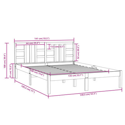 vidaXL Estrutura de cama casal 135x190 cm madeira maciça branco