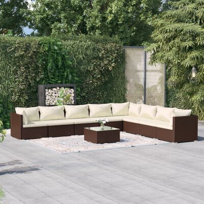 vidaXL 9 pcs conjunto lounge jardim c/ almofadões vime PE castanho