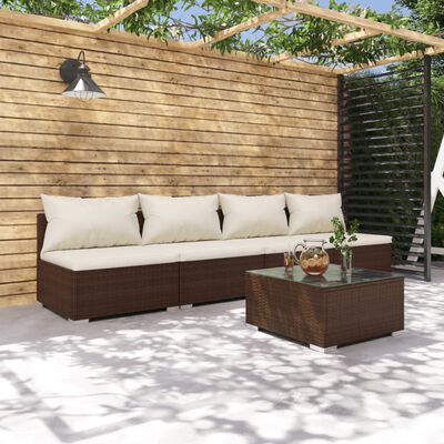 vidaXL 5 pcs conjunto lounge jardim c/ almofadões vime PE castanho