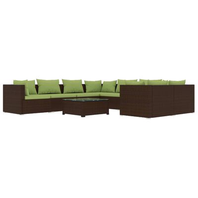 vidaXL 9 pcs conjunto lounge de jardim c/ almofadões vime PE castanho