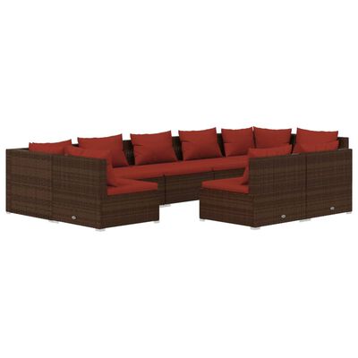 vidaXL 9 pcs conjunto lounge de jardim c/ almofadões vime PE castanho