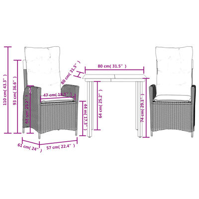 vidaXL 3 pcs conjunto de jantar p/ jardim c/ almofadões vime PE cinza