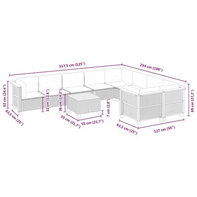 vidaXL 10 pcs conjunto sofás de jardim c/ almofadões vime PE cinzento