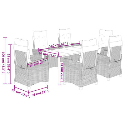 vidaXL 7 pcs conjunto de jantar p/ jardim c/ almofadões vime PE preto