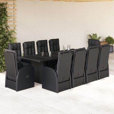 vidaXL 9 pcs conjunto de jantar p/ jardim c/ almofadões vime PE preto