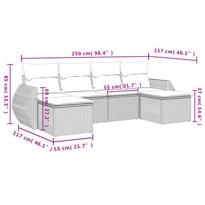 vidaXL 6 pcs conjunto sofás de jardim com almofadões vime cinzento