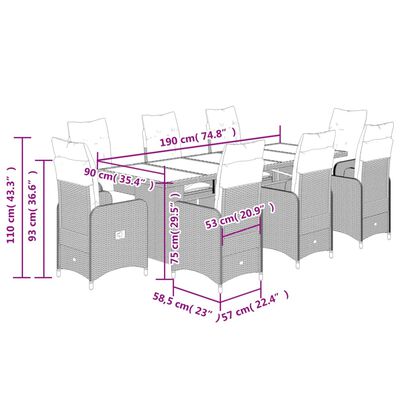 vidaXL 9 pcs conjunto de bistrô para jardim c/ almofadões vime PE bege