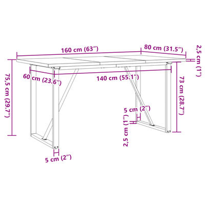 vidaXL Mesa de jantar estrutura em O 160x80x75,5cm pinho/ferro fundido