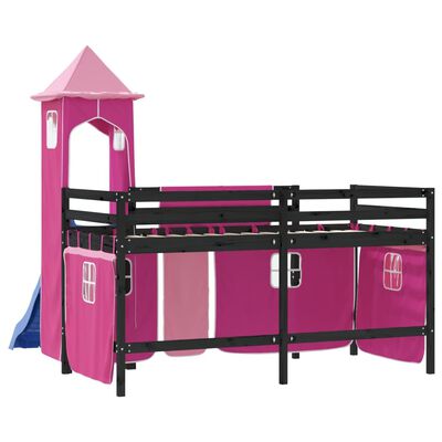 vidaXL Cama alta para criança com torre 90x200 cm pinho maciço rosa