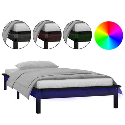 vidaXL Estrutura de cama c/ LED solteiro 90x190cm madeira maciça preto