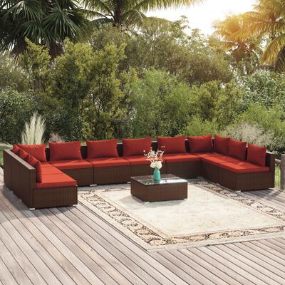 vidaXL 11 pcs conjunto lounge jardim c/ almofadões vime PE castanho