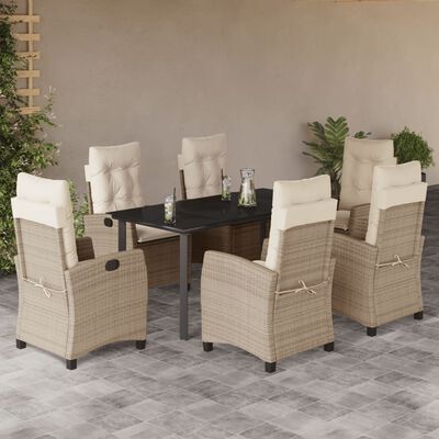 vidaXL 7 pcs conjunto de jantar p/ jardim com almofadões vime PE bege