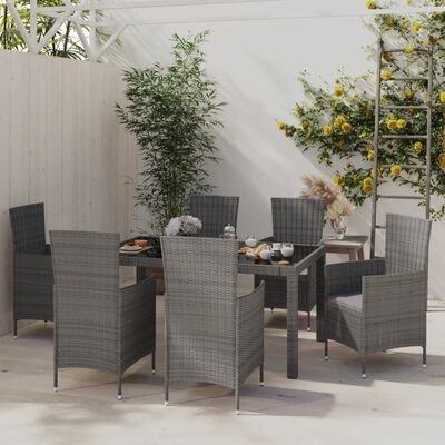 vidaXL 7 pcs conjunto jantar exterior com almofadões vime PE cinzento