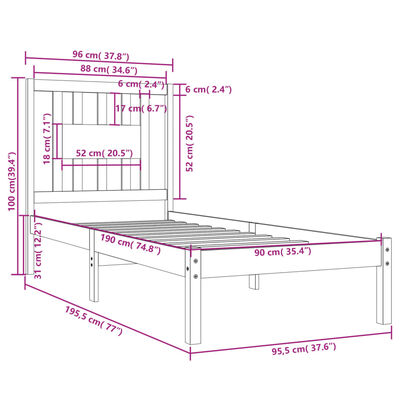 vidaXL Estrutura de cama solteiro 90x190 cm madeira maciça preto