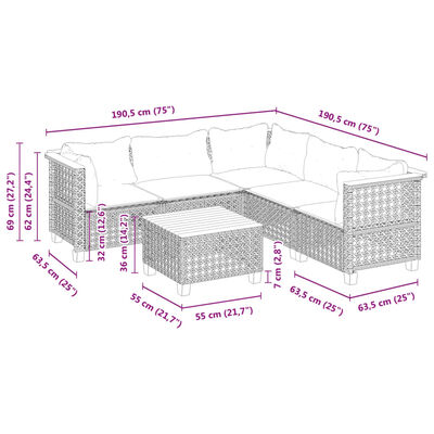 vidaXL 6 pcs conjunto sofás de jardim c/ almofadões vime PE preto