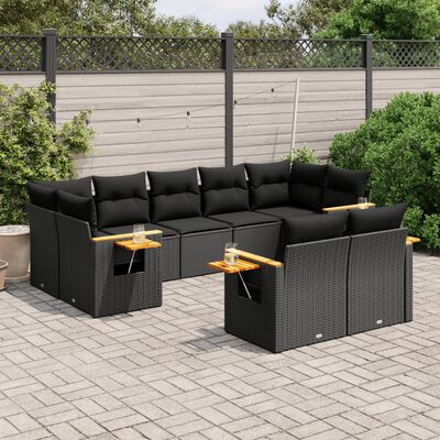 vidaXL 9 pcs conjunto de sofás p/ jardim c/ almofadões vime PE preto