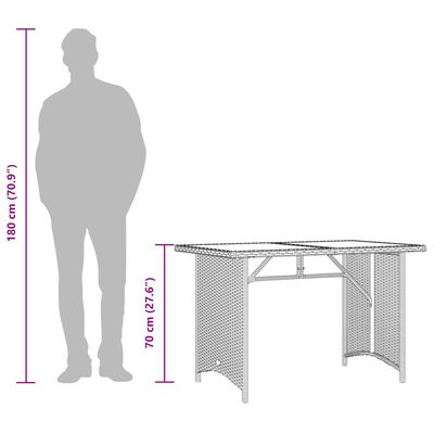 vidaXL Mesa de jardim com tampo de vidro 110x68x70 cm vime PE castanho