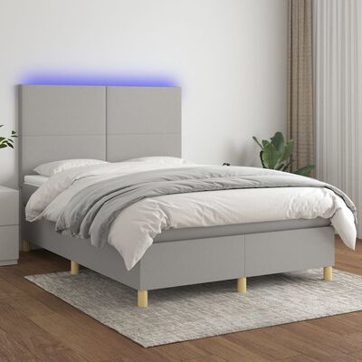 vidaXL Cama box spring c/ colchão e LED 140x190 cm tecido cinza-claro