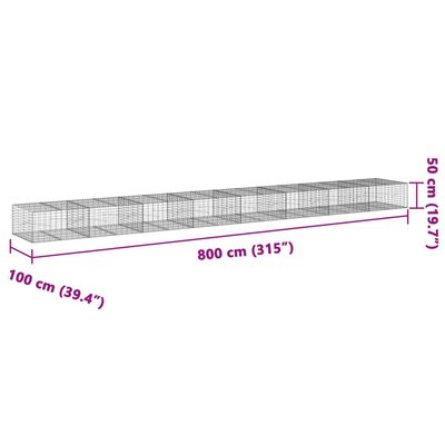 vidaXL Cesto gabião com cobertura 800x100x50 cm ferro galvanizado