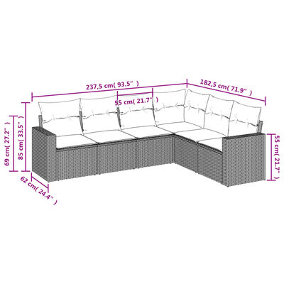 vidaXL 6 pcs conjunto sofás de jardim c/ almofadões vime PE preto