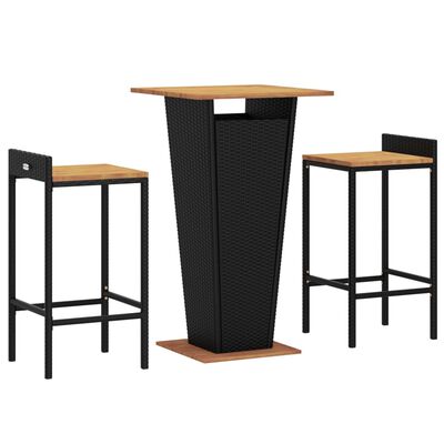 vidaXL 3 pcs conjunto de bar p/ jardim vime PE/acácia maciça preto