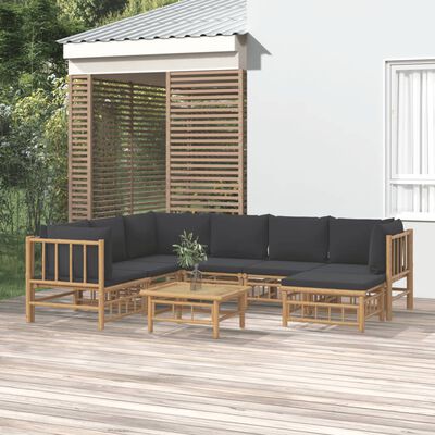 vidaXL 8pcs conj. lounge de jardim bambu c/ almofadões cinzento-escuro