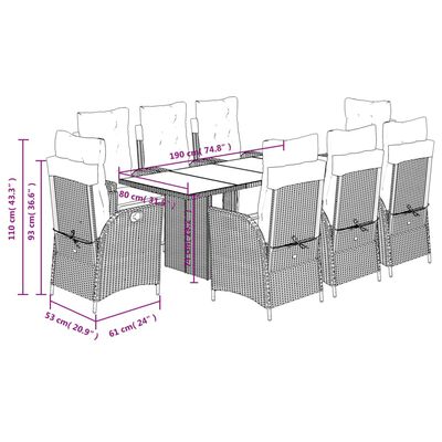 vidaXL 9 pcs conjunto jantar p/ jardim c/ almofadões vime PE castanho