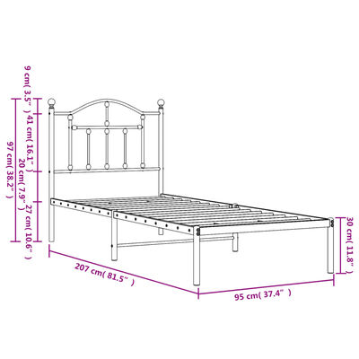 vidaXL Estrutura de cama com cabeceira 90x200 cm metal branco