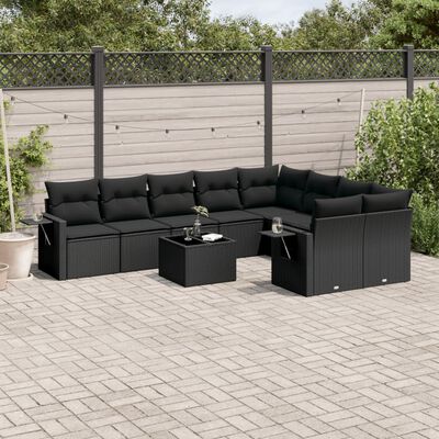 vidaXL 10 pcs conjunto sofás de jardim c/ almofadões vime PE preto