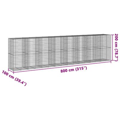 vidaXL Cesto gabião com cobertura 800x100x200 cm ferro galvanizado