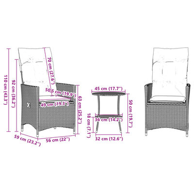 vidaXL 3 pcs conjunto bistrô com almofadões vime PE bege