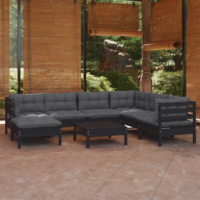 vidaXL 8 pcs conjunto lounge jardim c/ almofadões pinho maciço preto