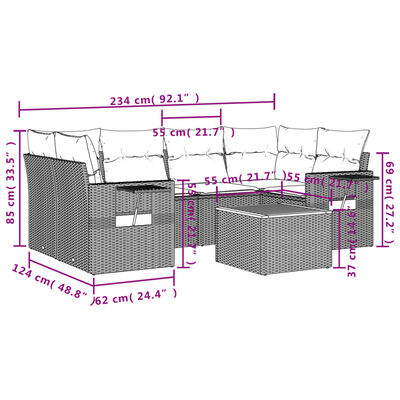 vidaXL 7 pcs conjunto de sofás p/ jardim com almofadões vime PE bege