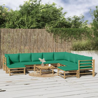 vidaXL 11 pcs conjunto lounge de jardim bambu c/ almofadões verdes