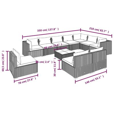 vidaXL 11 pcs conjunto lounge de jardim c/ almofadões vime PE cinzento