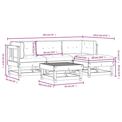 vidaXL 5 pcs conjunto lounge jardim com almofadões madeira maciça