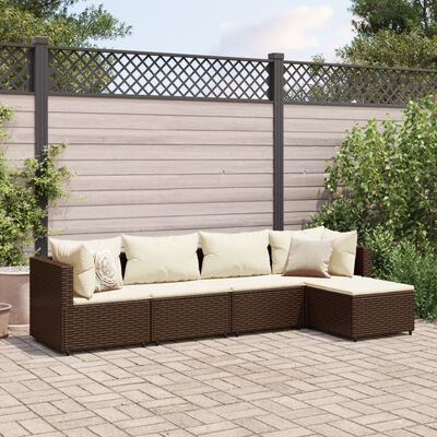 vidaXL 5 pcs conjunto lounge jardim c/ almofadões vime PE castanho