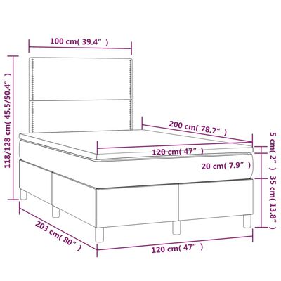 vidaXL Cama box spring c/ colchão e LED 120x200 cm tecido cinza-escuro