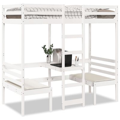 vidaXL Cama alta c/ secretária/cadeiras 75x190 cm pinho maciço branco