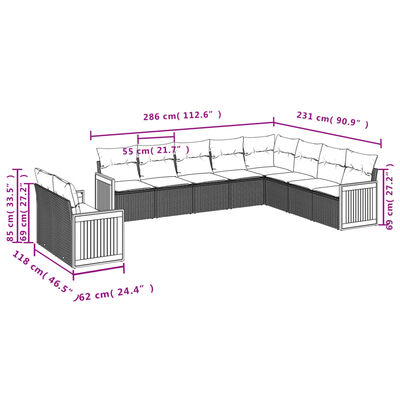 vidaXL 10 pcs conjunto de sofás p/ jardim com almofadões vime PE bege