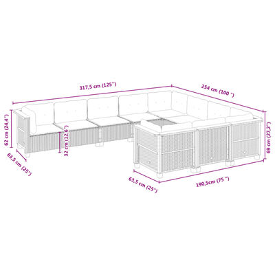 vidaXL 10 pcs conjunto sofás de jardim c/ almofadões vime PE cinzento