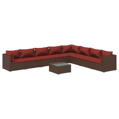 vidaXL 9 pcs conjunto lounge de jardim c/ almofadões vime PE castanho