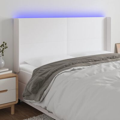 vidaXL Cabeceira cama c/ LED couro artificial 183x16x118/128 cm branco