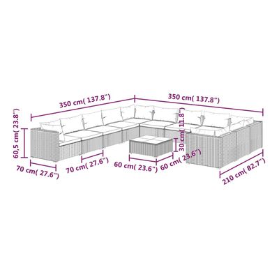 vidaXL 12 pcs conjunto lounge de jardim c/ almofadões vime PE preto