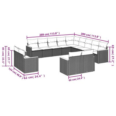 vidaXL 13 pcs conjunto de sofás de jardim com almofadões vime PE preto