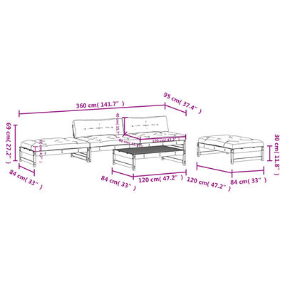 vidaXL 5pcs conjunto lounge jardim com almofadões madeira maciça preto